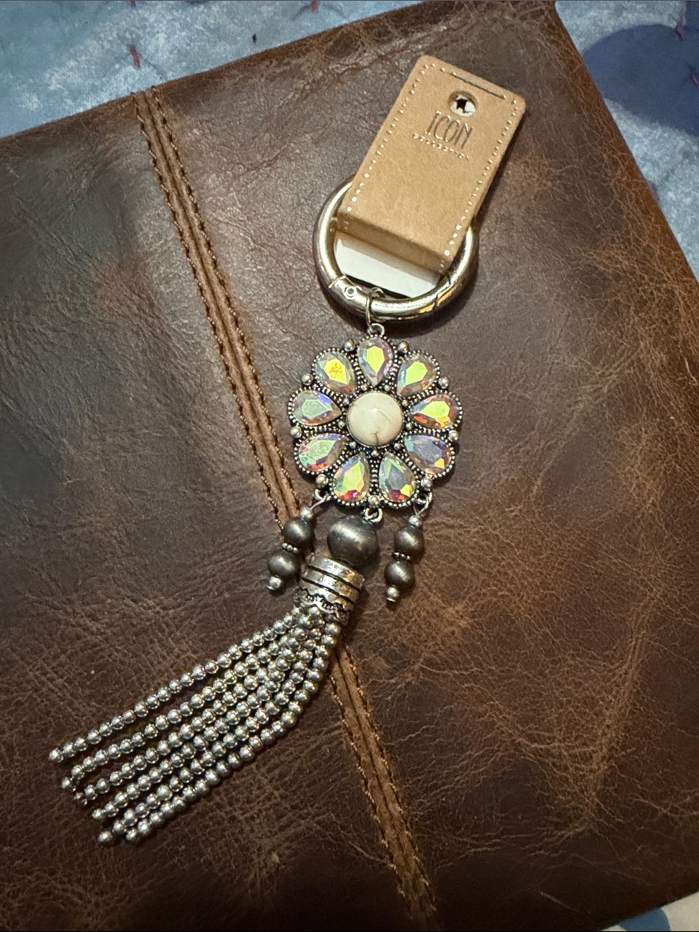 Silver-Tone Floral Tassel Keychain or purse charm with Iridescent Stones -